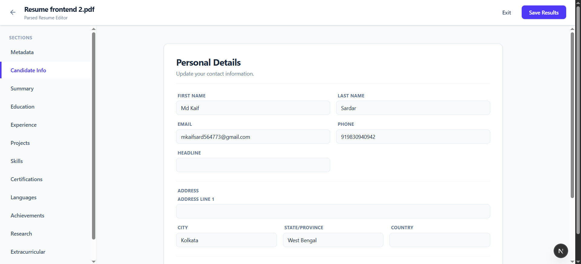 Parsed resume editor